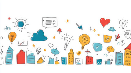 Creative doodles of abstract network design featuring colorful icons and buildings, evoking sense of innovation and connectivity