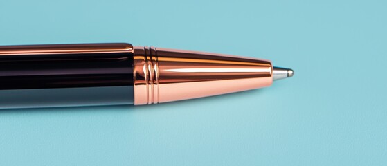 Close-up of a pen with a metallic body and a pointed tip. the pen appears to be a ballpoint pen, with a sleek and modern design.