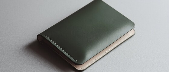 Green leather wallet lying on a grey surface. the wallet appears to be made of a smooth, shiny leather material and has a rectangular shape with a flap on top.