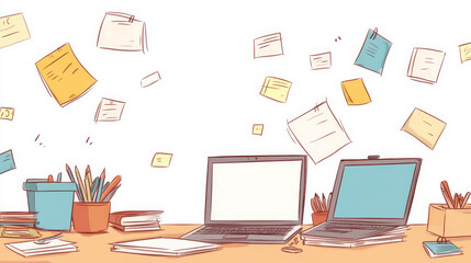 creative workspace featuring laptops, notebooks, and scattered sticky notes, evoking sense of productivity and inspiration