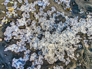 South Iceland, Diamond Beach. Beach with sparkling icebergs at sunset.