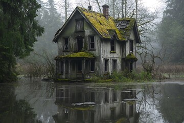 Fototapeta premium old lichen-clad dwelling set in center of a muddy bog emits an unearthly glow with its broken bricks mystic echoes rippling on quiet tides and a deep hint of past times 