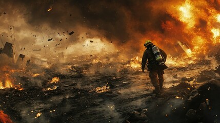 Ash and fire mix in chaotic landscape, firefighter navigating through wreckage, extreme conditions