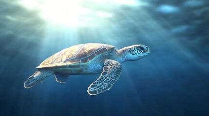 Graceful sea turtle swimming, large majestic marine animal gliding through clear blue waters, vibrant underwater scene.