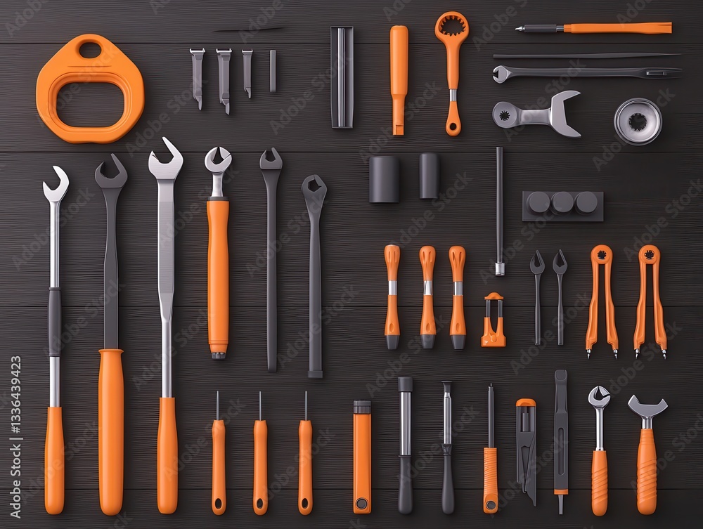 Aufkleber a comprehensive array of tools organized neatly on a dark wooden surface