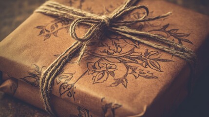 Fototapeta premium Beautifully Wrapped Gift with Floral Design and Natural Twine Bow