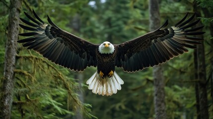 Obraz premium Majestic bald eagle soars with wings fully extended over deep green forest