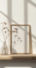 Empty frame, sunlight, and dried flowers on a wooden shelf