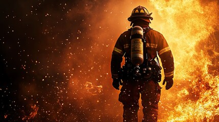Fototapeta premium Dramatic backlight of firefighter against blazing inferno, embers flying, night-time emergency scene