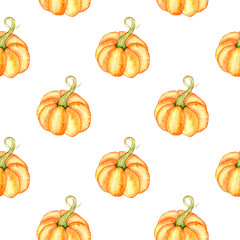 Pumpkin seamless pattern. Watercolor painted illustration. Hand drawn ripe orange autumn pumpkins decoration. Thanksgiving and halloween bright seamless pattern element. White background