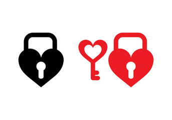 Black isolated icon of locked and unlocked heart shape lock on white background. Set of Silhouette of locked and unlocked heart shape lock. Flat design