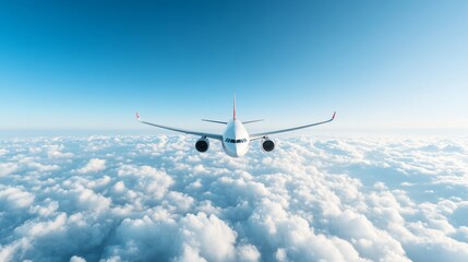 Fototapeta premium Airplane soaring above fluffy clouds, bright blue sky, travel adventure, freedom in the open air, serene escape scene.