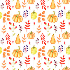 Seamless watercolor pattern with colorful pumpkins and leaves. Autumn leaves, twigs and berries inspired by the forest. The background is perfect for textiles, vintage paper, or scrapbooking.