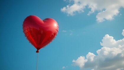 Fototapeta premium Red Heart Balloon Floating in a Blue Sky with Clouds