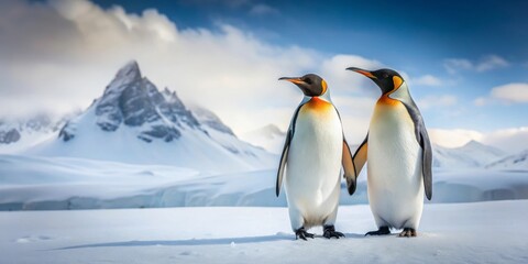 Fototapeta premium A Pair of King Penguins Stands Together on a Snowy Plain Before a Majestic Mountain Range Under a Vivid Blue Sky