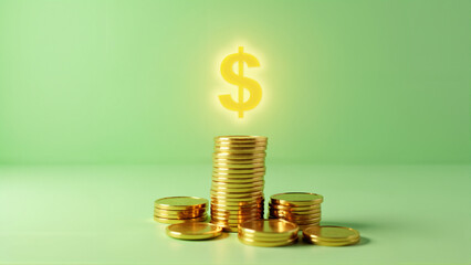 Stacks of shiny gold coins arranged on a minimalist green background, with a glowing yellow dollar sign above, symbolizing financial success and wealth