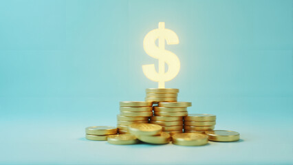 Stacks of Gold Coins with Glowing Dollar Sign on Blue Background
