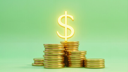 Stacks of shiny gold coins arranged on a minimalist green background, with a glowing yellow dollar sign above, symbolizing financial success and wealth