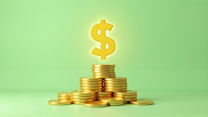 Stacks of shiny gold coins arranged on a minimalist green background, with a glowing yellow dollar sign above, symbolizing financial success and wealth