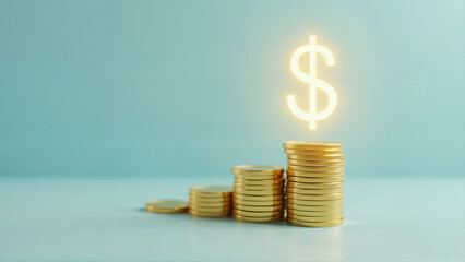 Stacks of Gold Coins with Glowing Dollar Sign on Blue Background