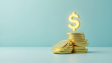 Stacks of Gold Coins with Glowing Dollar Sign on Blue Background