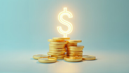 Stacks of Gold Coins with Glowing Dollar Sign on Blue Background