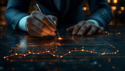 Strategic Data Analysis Businessman Writing on Futuristic Interface