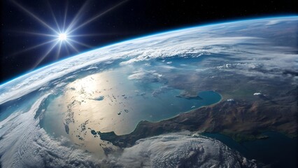 Fototapeta premium A massive impact crater visible on Earth from space, with sunlight reflecting off the planet's surface.