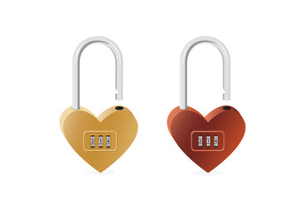Black isolated icon of locked and unlocked heart shape lock on white background. Set of Silhouette of locked and unlocked heart shape lock. Flat design