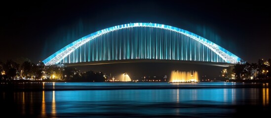 Obraz premium An illuminated bridge spans across calm water at night