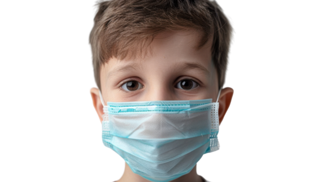 Close-up of caucasian child wearing protective face mask on transparent background