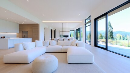 Modern minimalist living room, bright airy space with large windows, neutral tones, elegant furniture, open layout for relaxation.