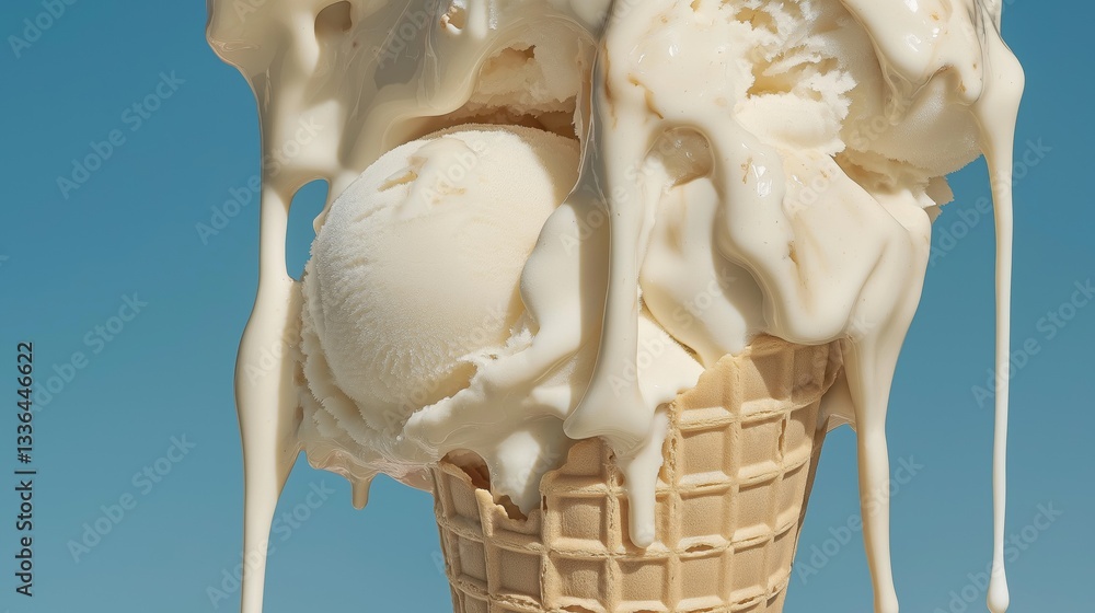 Poster waffle cone filled with two scoops of vanilla ice cream. the ice cream is a creamy white color and i