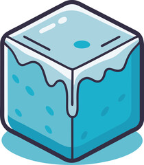 Melting Ice Cube Vector Illustration Design, A vector illustration of a melting turquoise ice cube with water droplets, featuring a smooth, glossy finish and dripping edges.
