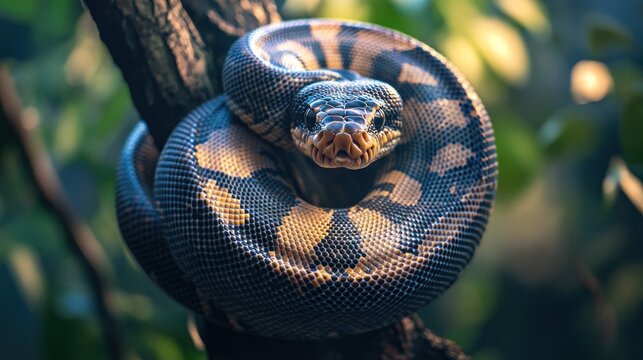 Captivating coiled python rests regally on tree branch in soft jungle light