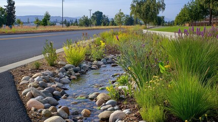 Roadside Bioswale, Stream, Plants, Suburban, Landscape, Runoff,  Water Management,  Environmental