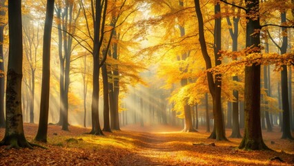 Obraz premium Golden Sunlight Illuminates a Path Through an Autumnal Forest of Tall Trees with Vibrant Yellow Leaves