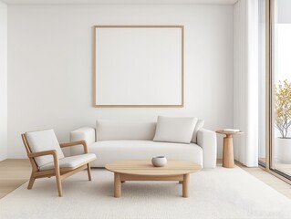 Modern minimalist living room featuring a light sofa and wooden furniture