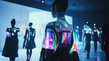 Futuristic runway show with glowing tech outfits and digital displays