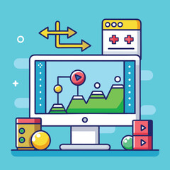 Colorful Data Visualization and Analysis on Computer Screen, A modern digital illustration of a computer screen displaying data analysis with charts, arrows, and colorful icons.
