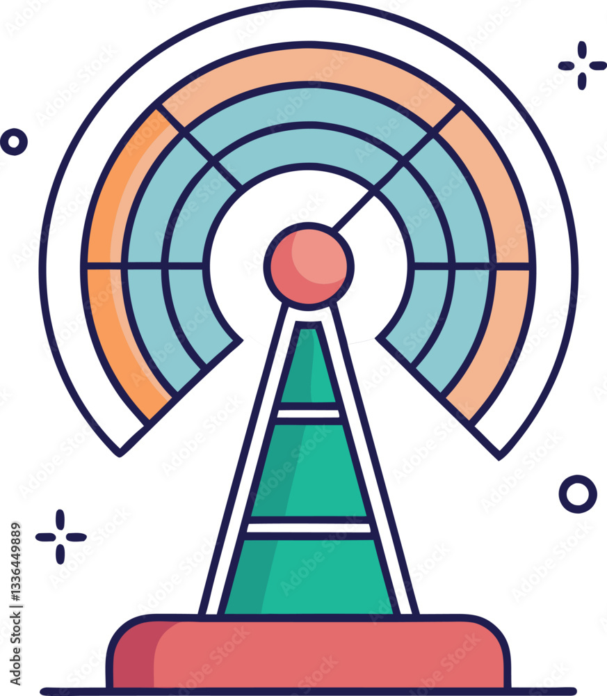 Poster colorful radio tower with circular signal waves, a modern and colorful radio tower with circular wav