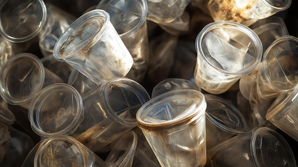 Top view group of plastic glasses cups used from coffee cafe, Restaurants, Takeaways in the bin, Disposal garbage waste recycle, Eco friendly disposable