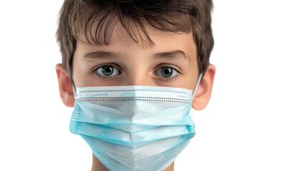 Portrait of child wearing protective face mask on transparent background