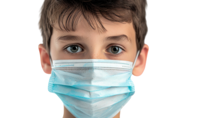 Portrait of child wearing protective face mask on transparent background