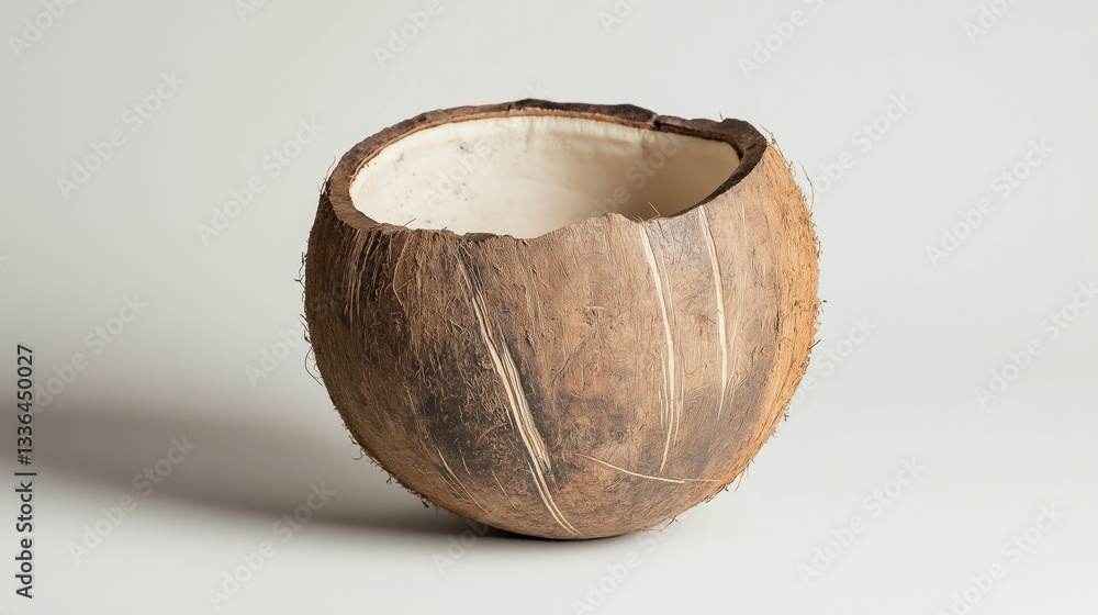 Poster close-up of a coconut shell. the shell is round and has a light brown color with darker brown veins 