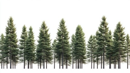 Obraz premium Evergreen trees row, isolated, forest, background white, design element