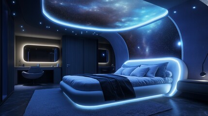 Obraz premium Cozy bedroom with night sky view and stars illuminating the serene atmosphere at night