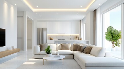 Bright modern living room, spacious layout with sleek furniture, large windows for natural light, ideal for relaxation and gatherings.