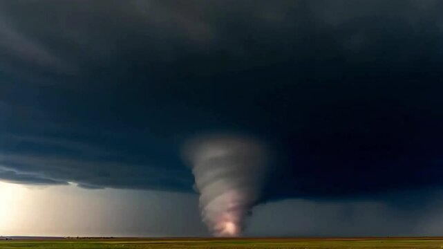 Massive tornado funnel cloud touching down under dark stormy sky over open field, symbolizing extreme weather, natural disaster, wind power, and atmospheric instability