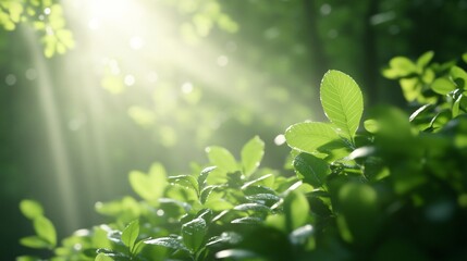 Sunlight filtering through green leaves, vibrant foliage in a serene forest, showcasing nature's tranquility and beauty.